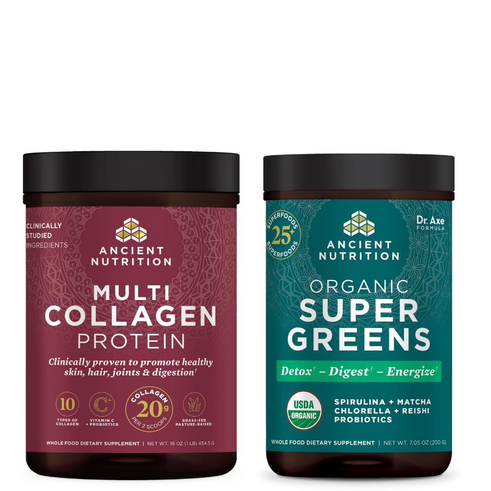 Ancient Nutrition Organic SuperGreens Powder, 25 Servere + Multi Collagen Protein Powder, Unflavored, 45 Servere