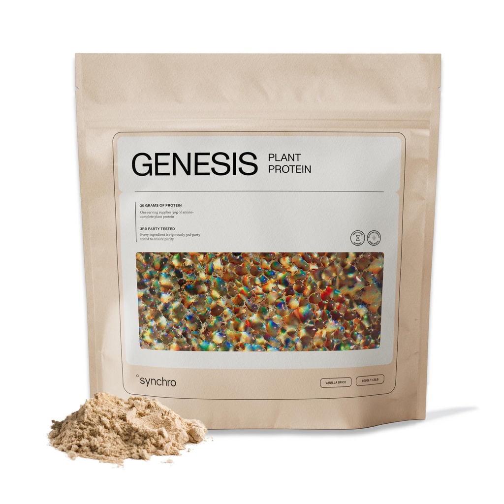 Synchro Genesis Plant Based Protein Powder | Vanilla Spice | 30g of Organic Protein Per Serving | <1g Sugar | 1g Net Carbs | No Stevia | Superfoods + Prebiotics | Vegan + Keto Friendly
