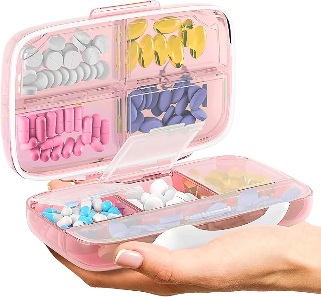 Travel Pill Organizer - Airtight Medicine Case for Traveling Portable Pharmacy Box med etiketter Vitamin Container 8 Segment tillæg Medication Holder Stor kapacitet dagligt (Pink)