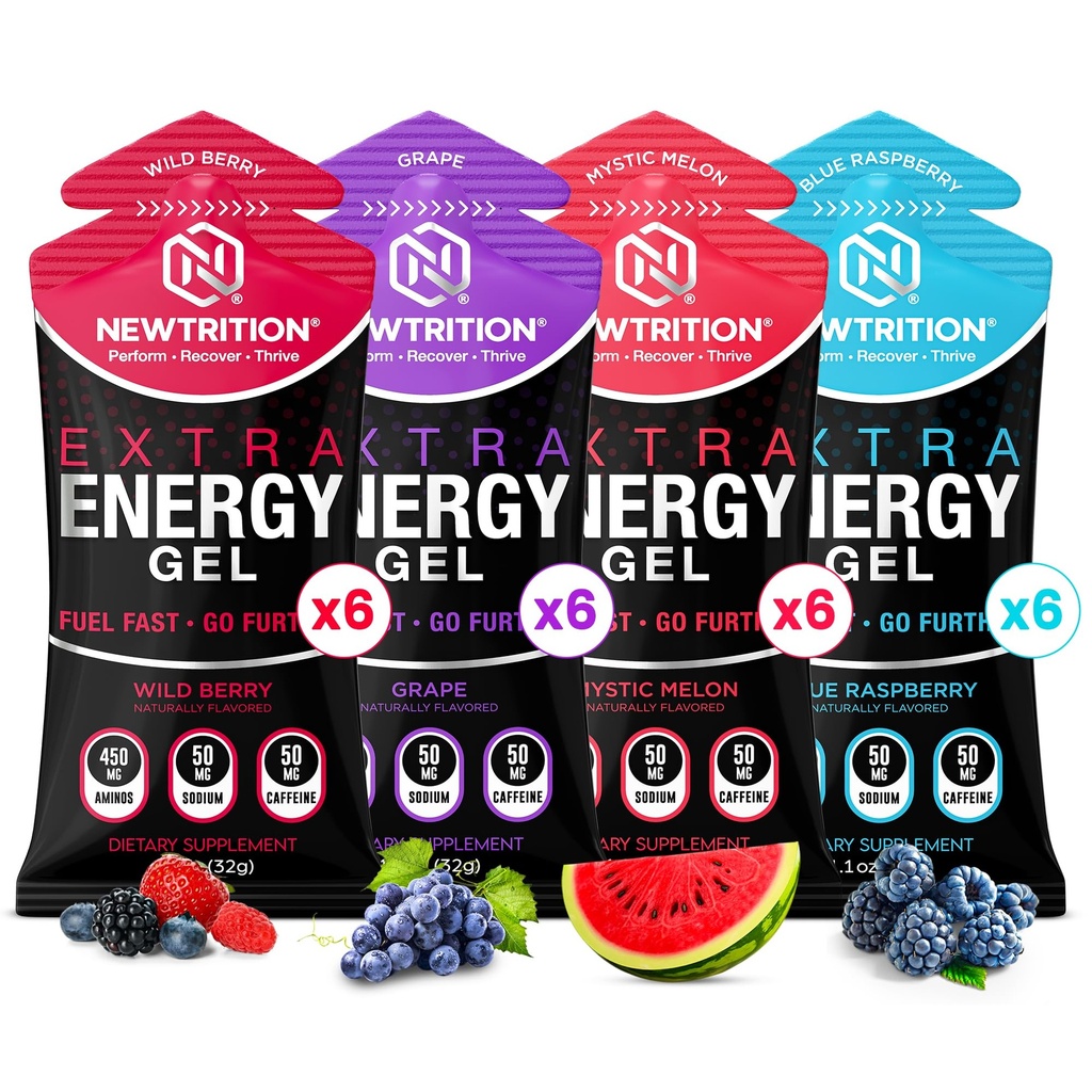 NewTrition® Extra Energy Gel Variety Pack - Fast Fuel with 50mg Caffeine, Amino Support, Smooth Texture, Electrolytes - Easy Digestion Running Gel for Cycling & Running