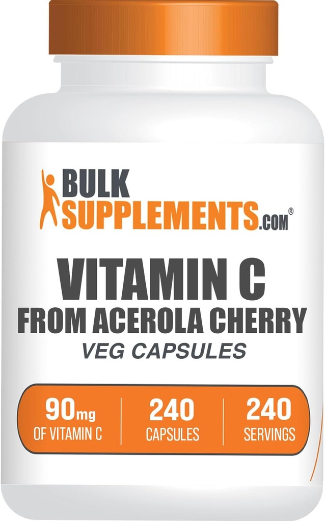 BulkSupplements.com C-vitamin fra Acerola Cherry Capsules - Acerola Cherry C-vitamin Supplement - Gluten Free, 1 Kapsel per servering, 240 Veg Capsules (pakke med 1)