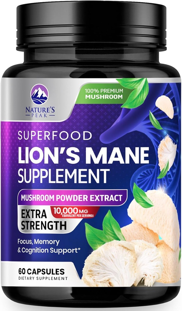 Lions Mane Mushroom Capsules 10,000mg - Lion’s Mane Supplement Capsules for Memory and Focus Support, Brain, Immune Health Support, Vegan, Bottled in USA, Lions Mane Mushroom Powder Extract, 60 Count