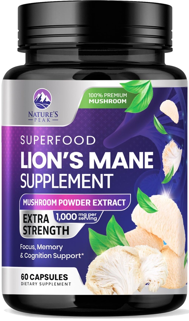 Lions Mane Mushroom Capsules 10,000mg - Lions Mane Support Capsules for Memory and Focus Support, Brain, immun Health Support, Vegan, Flasket i USA, Lions Mane Mushroom Powder Extract, 60 Greve