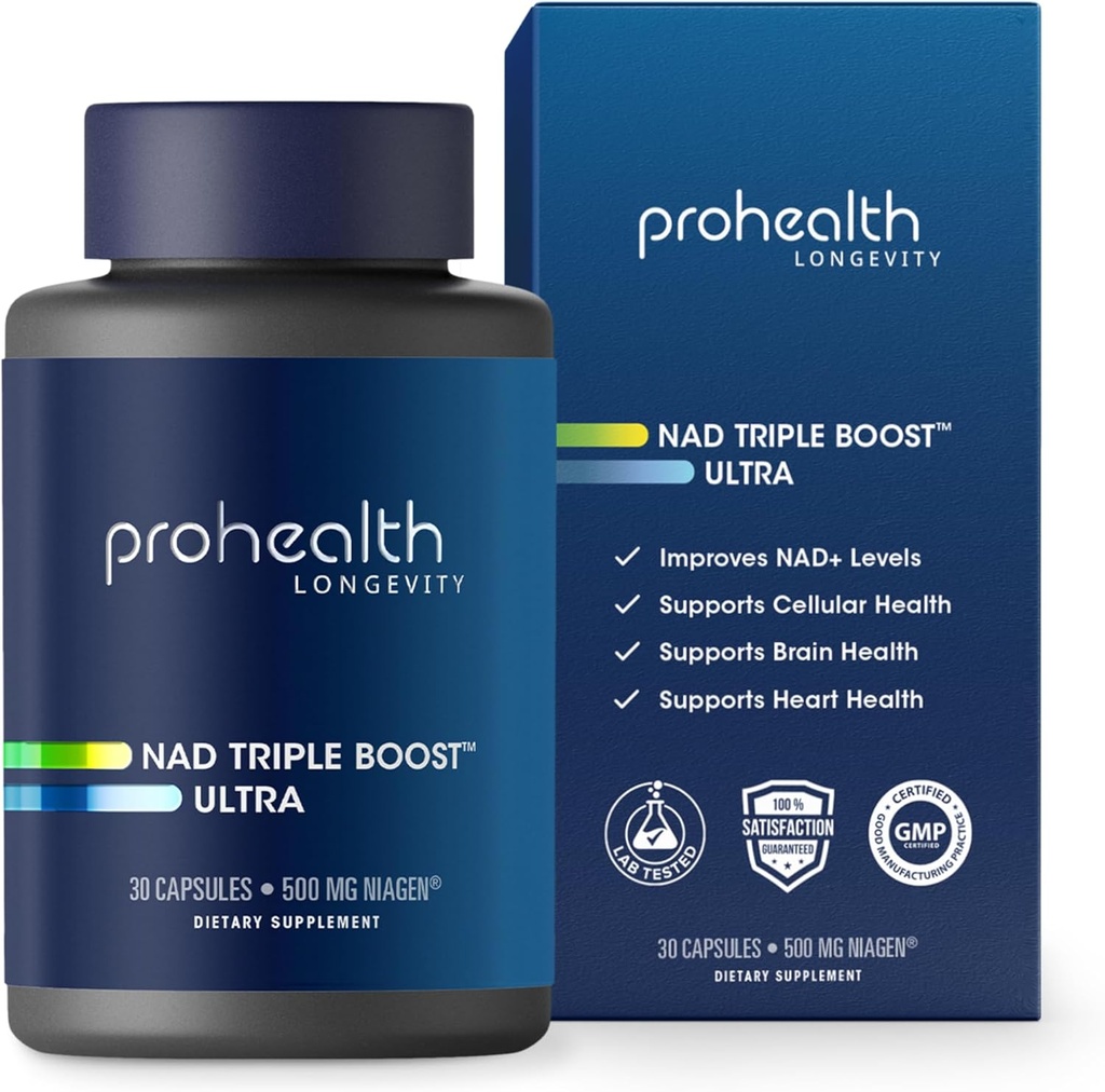 ProHealth NAD Triple Boost Ultra + 500mg Niagen NR. 3X NAD + Optimizer Plus Apigenin, PQQ, Quercetin. Fremmer Longevity, Heart and Brain Health, Aktiverer Sirtuins til cellulær reparation (30 Servere)