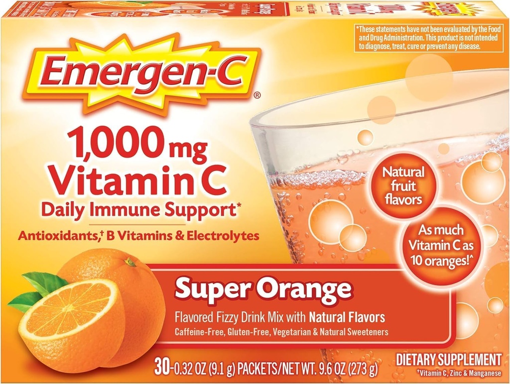 Emergen- C 1000mg C-vitamin pulver til daglig immunstøtte Koffein fri C-vitamin kosttilskud med zink og mangan, Super Orange Flavor - 30 Greve