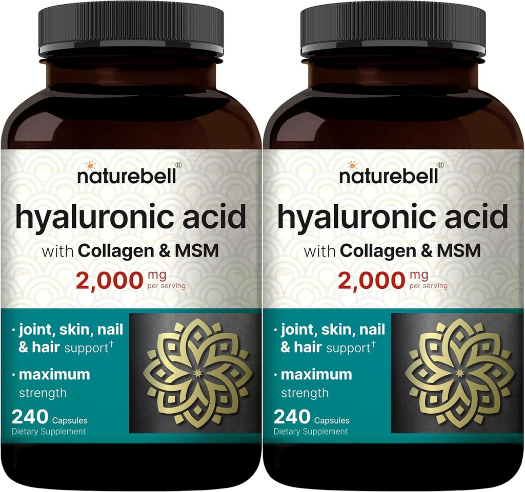 NatureBell 2 Pack Hyaluronic Acid Supplements 2,000 mg | 480 Total Capsules, with MSM & Hydrolyzed Bovine Collagen – 3 in 1 Support for Skin Hydration, Joint Lubrication, Hair, and Eye Health