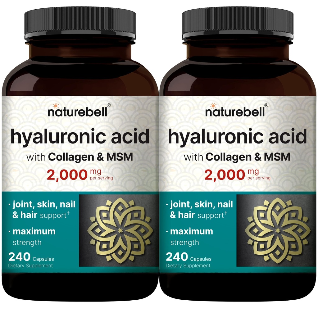 NatureBell 2 Pack Hyaluronsyre Kosttilskud 2. 000 mg 2. 4; 480 Total Kapsler, med MSM & Hydrolyzed Bovin Collagen - 3 i 1 Understøttelse af hud hydrering, fælles smøring, hår, og øje sundhed