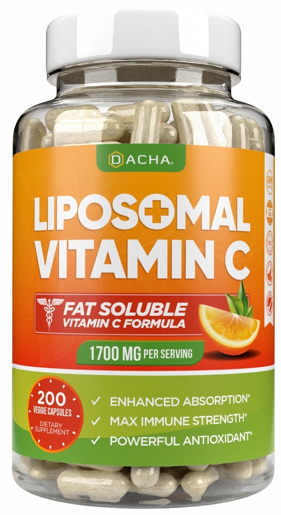 DACHA Natural Liposomal Vitamin C - 1700mg, 200 kapsler, immunsystem & kollagen Booster, høj Absorption Fat Opløseligt VIT C, Buffered, Skin Vitaminer, Vegeterian, Vegan