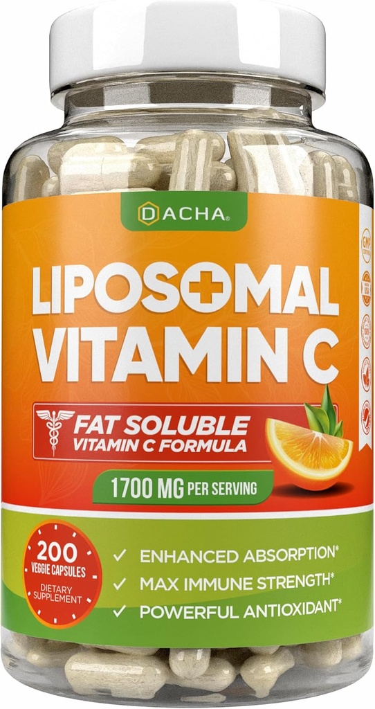 DACHA Natural Liposomal Vitamin C - 1700mg, 200 kapsler, immunsystem & kollagen Booster, høj Absorption Fat Opløseligt VIT C, Buffered, Skin Vitaminer, Vegeterian, Vegan