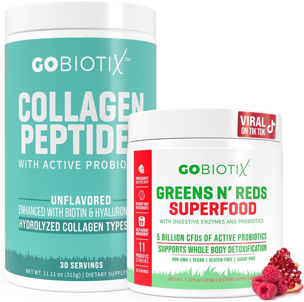 GOBIOTIX Super Green & Collagen Bundle - Vitality Boost med Organic Spirulina & Hair-Skin- Nails Support - 30 Servere hver