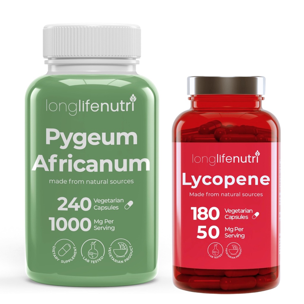 LongLifeNutri Pygeum Africanum + Lycopene Bundle, Men’s Prostate Health Support, Antioxidant Support & Daily Wellness Supplement Set