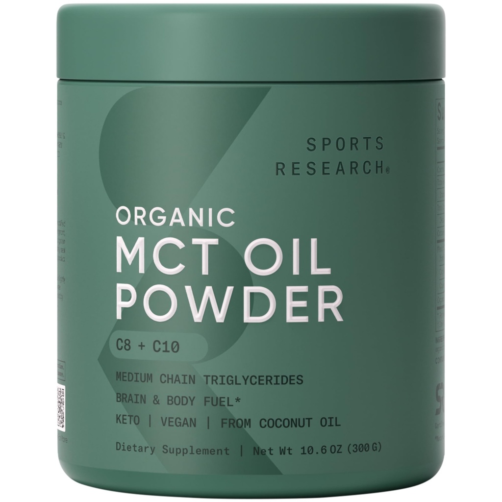 Sports Research Organic MCT Oil Powder - Keto & Vegan MCTs C8, C10 fra Coconuts - Fedtsyrehjerne & Kropsolie, Non- GMO & Gluten Free - Unflavored, Perfekt i kaffe, Tea & Protein Shakes - 10.6 oz
