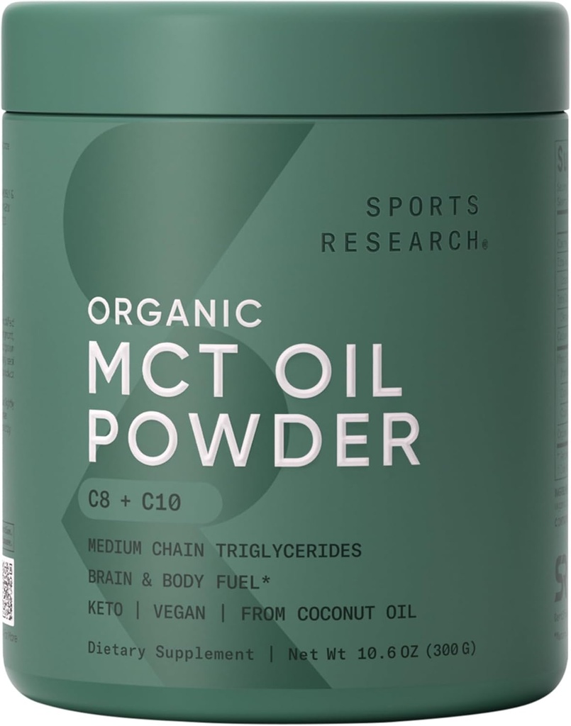 Sports Research Organic MCT Oil Powder - Keto & Vegan MCTs C8, C10 fra Coconuts - Fedtsyrehjerne & Kropsolie, Non- GMO & Gluten Free - Unflavored, Perfekt i kaffe, Tea & Protein Shakes - 10.6 oz