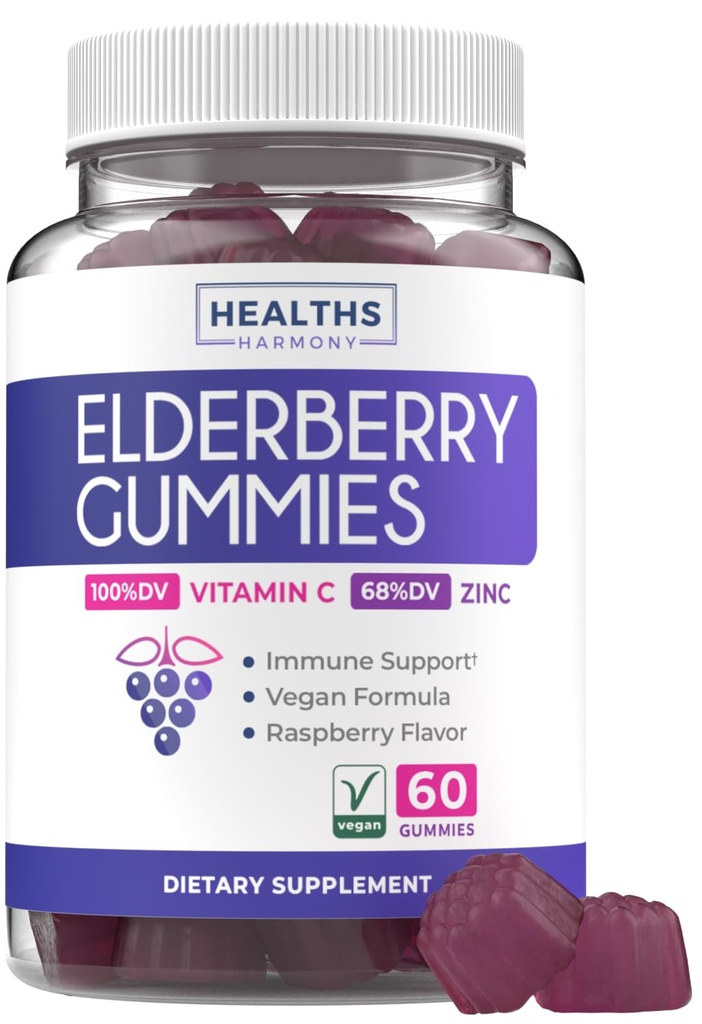 Vegansk Sambucus Elderberry Gummies for voksne - Black Elderberry Vitamin C og Zink Gummies for daglig og sæsonbetinget Wellness - Lækker og næringsrig immunforsvar Gummy (1 måned Tilgang)