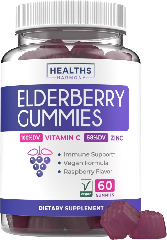 Vegansk Sambucus Elderberry Gummies for voksne - Black Elderberry Vitamin C og Zink Gummies for daglig og sæsonbetinget Wellness - Lækker og næringsrig immunforsvar Gummy (1 måned Tilgang)