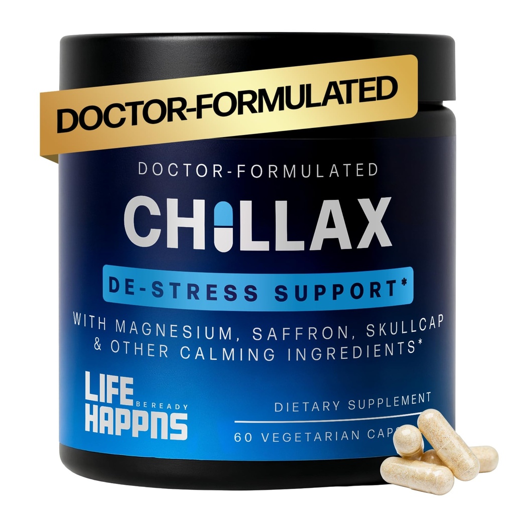 Life Happns Chillax, Calm Support Supplement, L Theanin, Magnesium, GABA og Saffron Kosttilskud til afslapning, Natural Mood Health Support til voksne, Calming and Relaxing, 60 kapsler