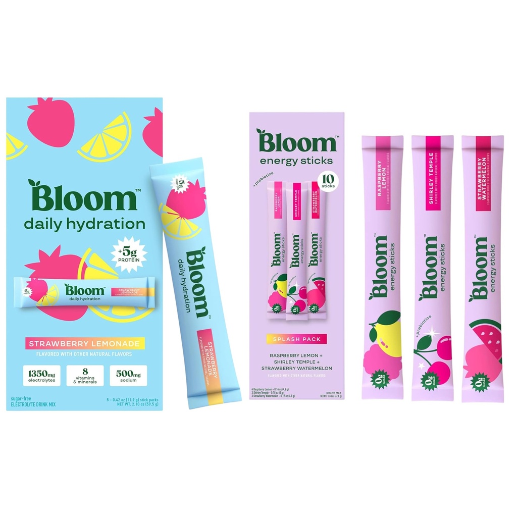 Bloom Energy Sticks Variety Pack and Hydration Sticks Strawberry Lemonade Bundle