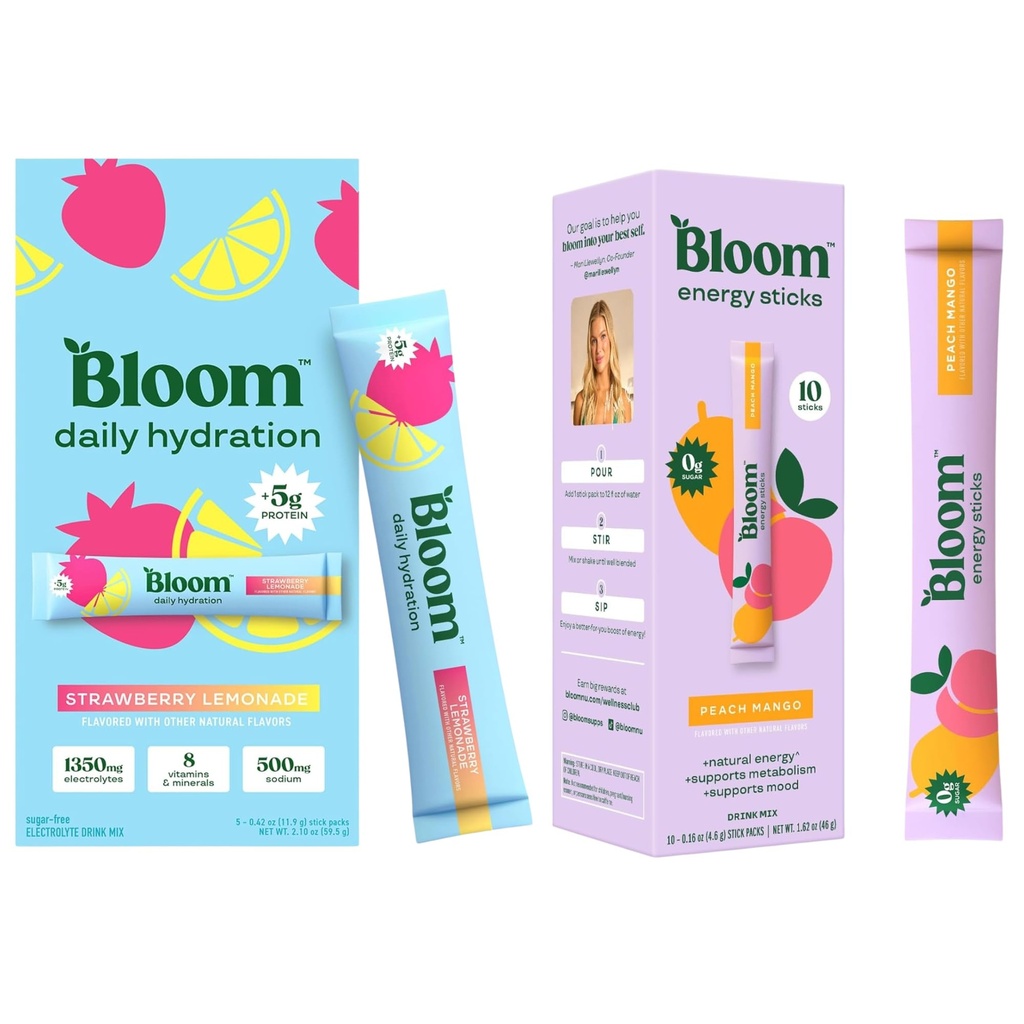 Bloom Energy Sticks Peach Mango and Hydration Sticks Strawberry Lemonade Bundle