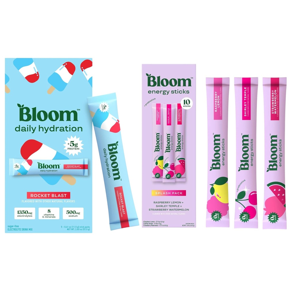 Bloom Energy Sticks Variety Pack and Hydration Sticks Rocket Blast Bundle