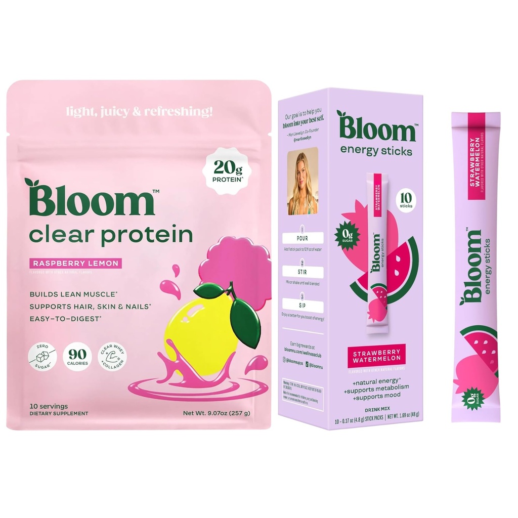 Bloom Raspberry Lemonade Clear Protein and Strawberry Watermelon Energy Packets Bundle