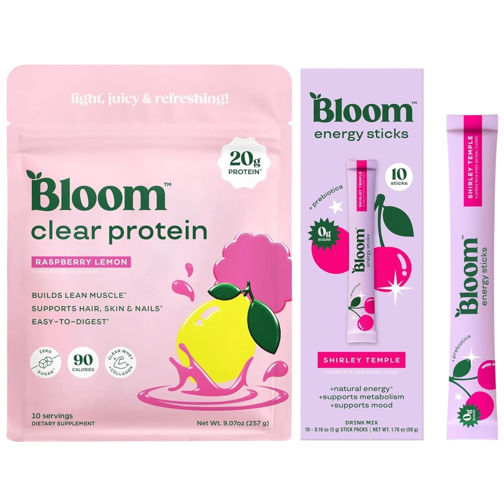Bloom Raspberry Lemonade Clear Protein and Shirley Temple Energy Packets Bundle
