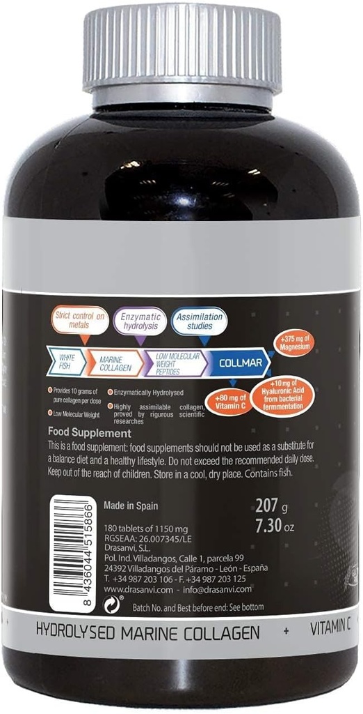 Drasanvi (2 Pack) COLLMAR Hydrolyzed Marine Collagen med Magnesium 180 tabletter - for sund hudbrusk, knogler og muskler