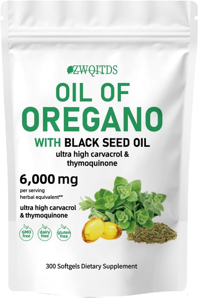 Oregano olie med Black Seed Oil 2- in-1 Softgels 6000mg 300 Count Non- GMO immunstøtte Urteformel