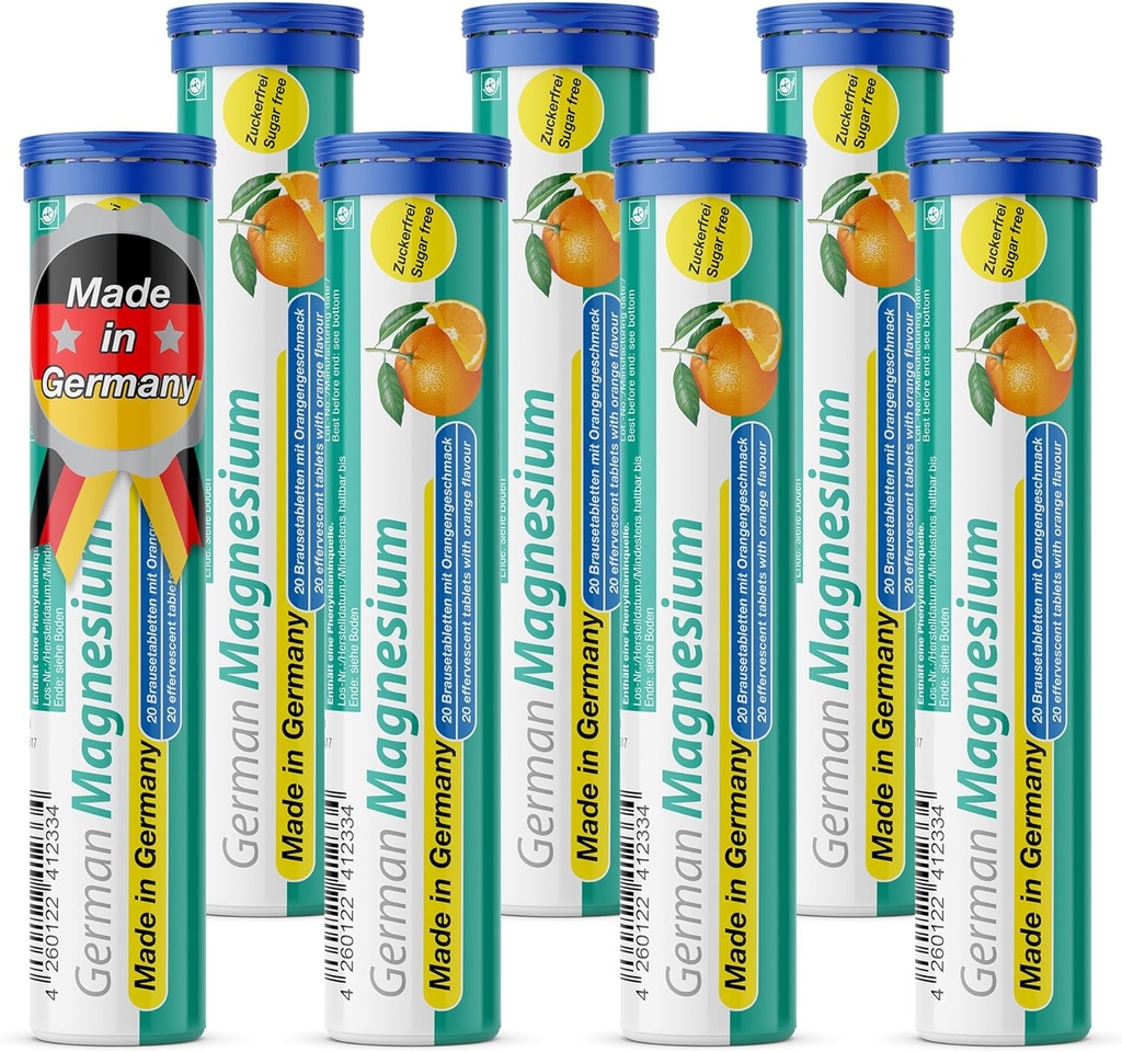 Tysk Magnesium oxide tillæg Note 124; Effervescent tabletter Note 124; Orange Flavor - 200 mg Magnesium per servering Note 124; Sukker fri, Vegan - T & D Pharma - Made in Germany