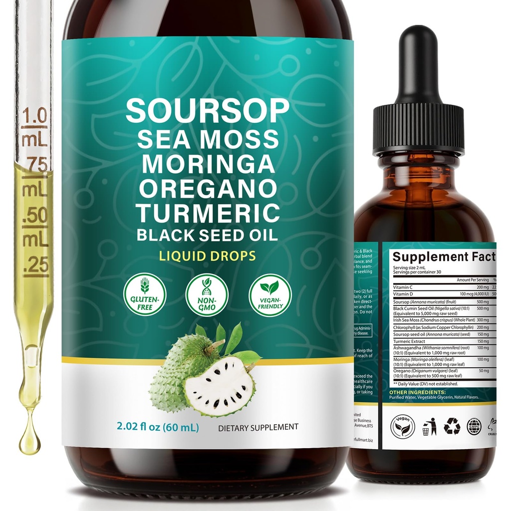 Soursop Bitters Liquid Drops with Sea Moss – Moringa, Turmeric, Black Seed Oil, Vitamin C & D – Supports Digestive Health & Daily Wellness – Gluten-Free, Non-GMO, Vegan (2 Fl Oz)