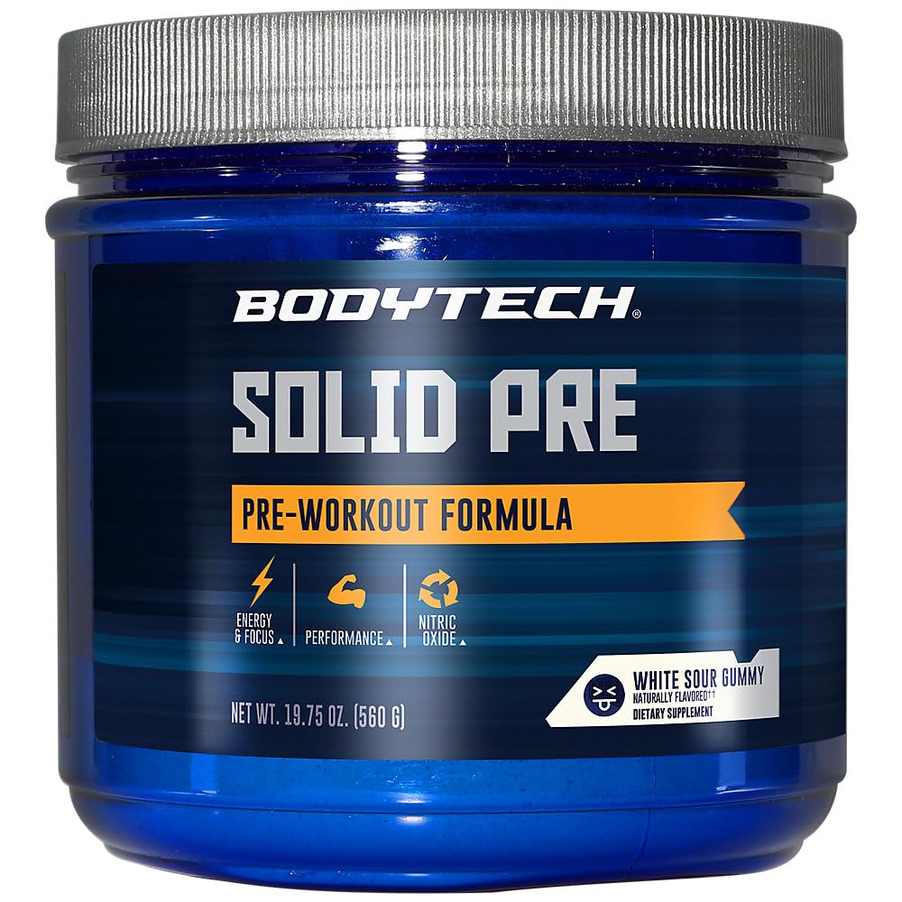BODYTECH Solid PRE - Essential Pre-Workout Formula Powder - White Sour Gummy (19.75 Oz. / 40 Servings)