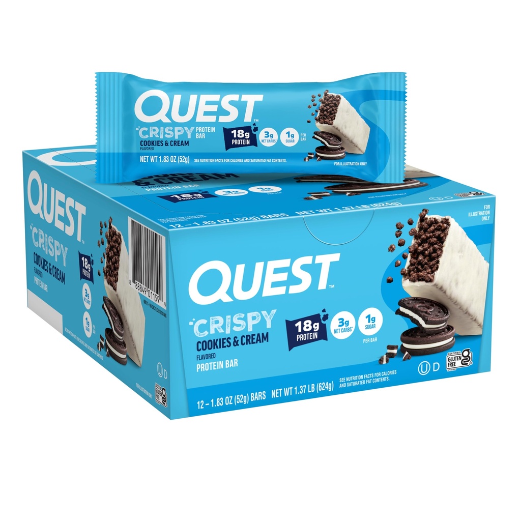 Quest Nutrition Crispy Cookies & Cream Hero Protein Bar, 18g Protein, 1g Sugar, 3g Net Carb, Gluten Free, Protein Snack, Keto Friendly, 12 Count (Pack of 12)