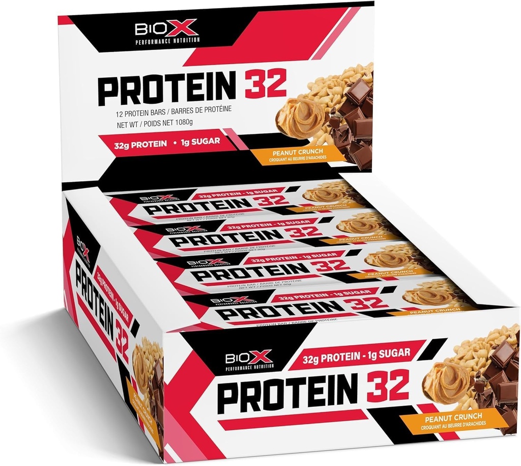 BioX Protein 32 Bar | High Protein, High Fibre, & Low Sugar Bar | 32g Protein, 1g Sugar, 8g Fibre | Sourced From Casein, Whey Protein Isolate, Hydrolyzed Whey Protein | Box of 12 Bars (Peanut Crunch)