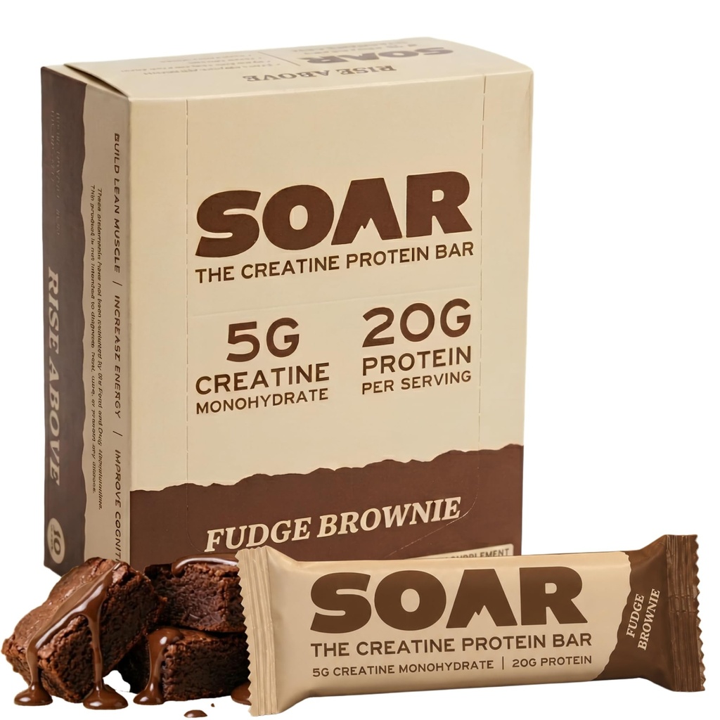 Soar Creatine Protein Bars Fudge Brownie, 5g Creatine, 20g Protein, 1g Sugar, High Protein Low Sugar Snack Bars for Muscle Support, Workout Recovery & On-the-Go Fuel, 10 Pack