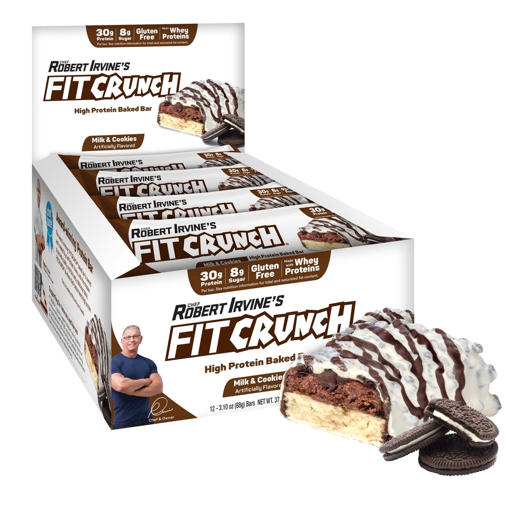 FITCRUNCH Full Size Protein Bars, 6-Layer Baked Bar, 8g of Sugar, Gluten Free & Soft Cake Core (12 Bars, Milk and Cookies)