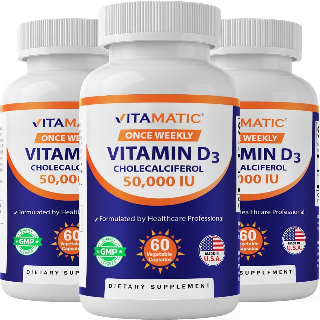 Vitamatic 3 Pack D3 50. 000 IE (som Cholecalciferol), En gang ugentlig dosis, 1250 mcg, 60 Veggie kapsler 1 år Tilgang, Progressiv formel Hjælper D-vitamin mangler