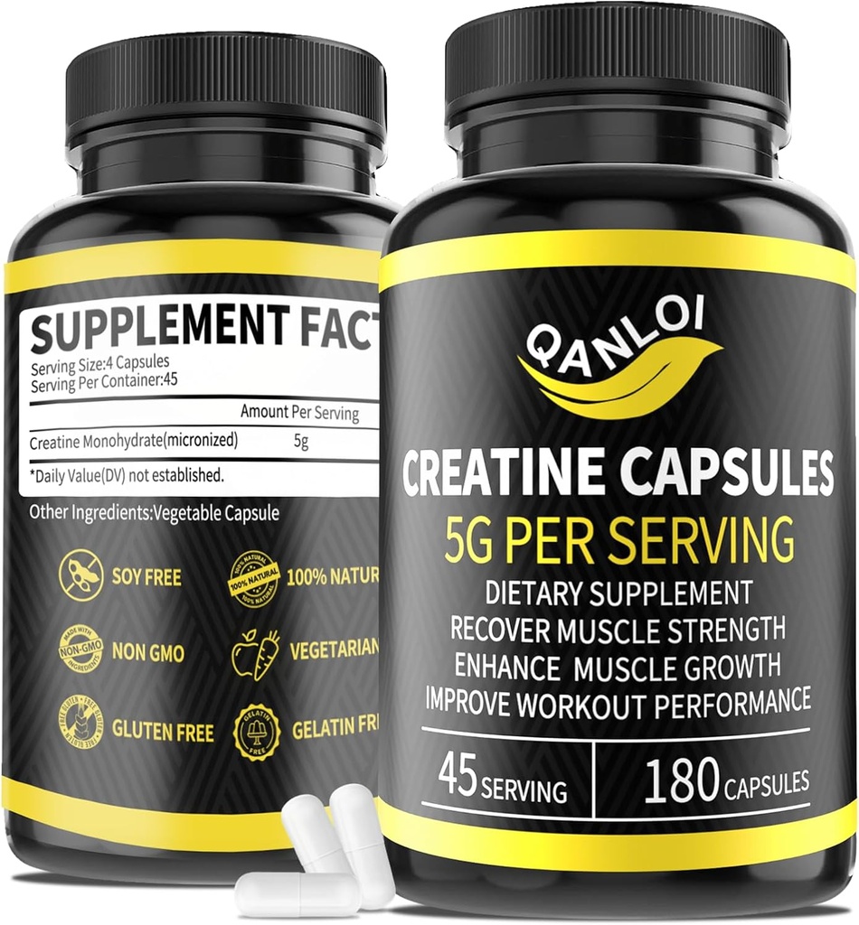 Mikroniseret Creatin monohydrat kapsler, 5000 mg per servering, Gave for muskelvækst, energi Boost, Creatinine piller Egnet til mænd & kvinder, non-GMO, gluten fri, 180 kapsler