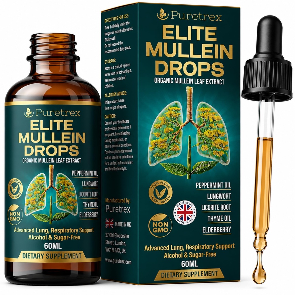 Elite Mullein Drops for Lungs, Respiratory Support, Organic Leaf Extract Liquid, Lungwort, Licorice Root, Thyme, Elderberry, Peppermint Oil, Vegan, Alcohol & Sugar-Free, 60mL