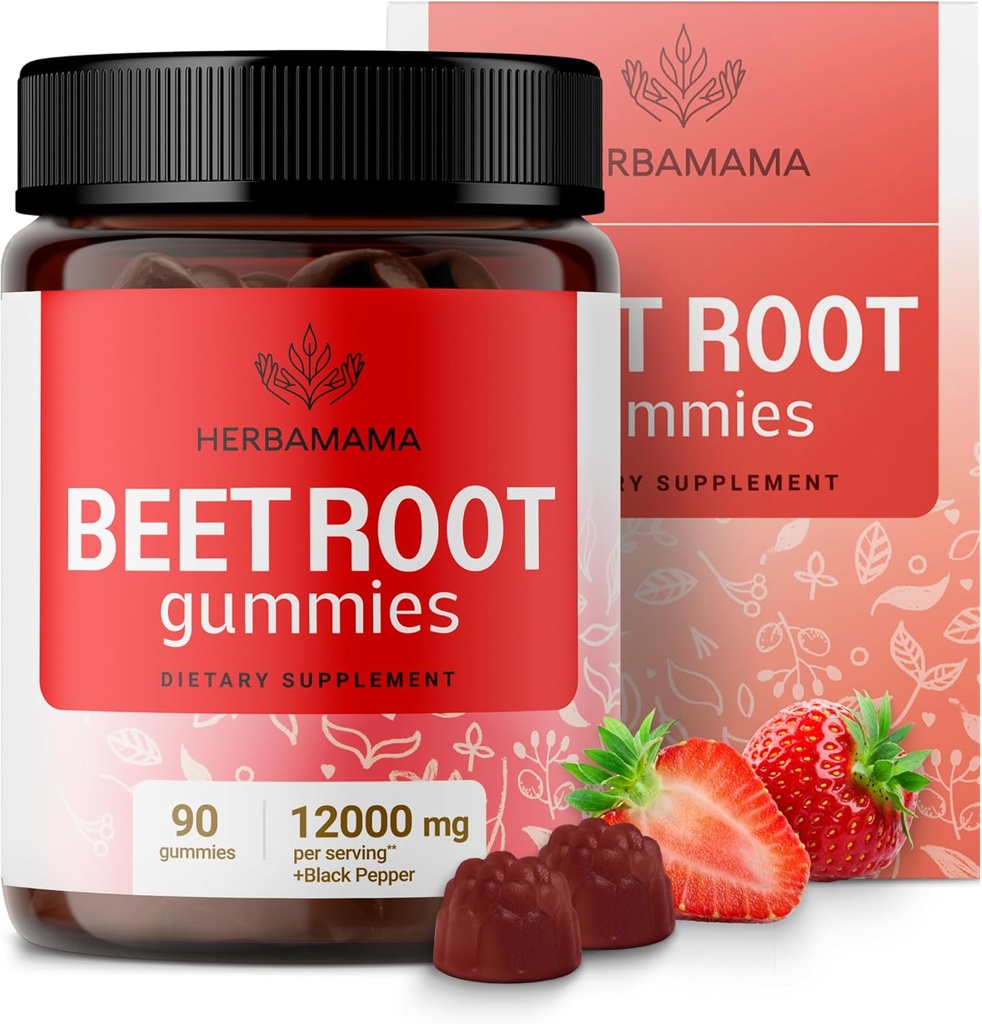 HERBAMAMA Beet Root Gummies - 12000mg Red Beets med Black Pepper Extract til samlet støtte - Vegan, Non- GMO Antioxidant Supplement - 90 Pectin- Based Strawberry- Flavored Chews