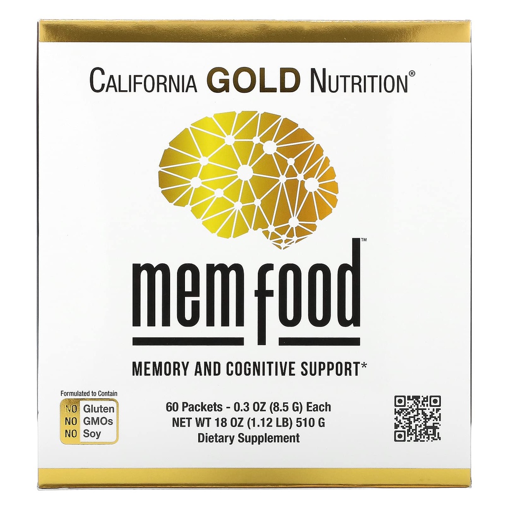 California Gold Nutrition MEM Food, Memory & Cognitive Support med MEM Blend, L- Serine, Organic Lion 's Mane og Blåbær Juice Powder, 60 Pakker, 0,3 oz (8,5 g) Hver