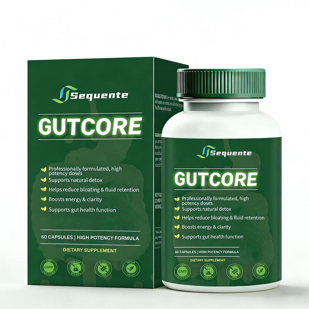 Sequente GutCore Max Strength Gut Drainage Capsules – Fast Bloat Relief & Gentle Detox for Clear Skin | Vegan, All-Natural，Non-GMO (60 Caps)