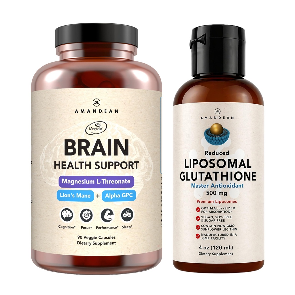 AMANDEAN Premium Brain Health Supplement & Liposomal Glutathione Bundle. Triple Formel med Magnesium L- Threonate, USA- Grown Organic Lions Mane 6: 1 Extract, og Alpha- GPC. Support Cognition, Focus &