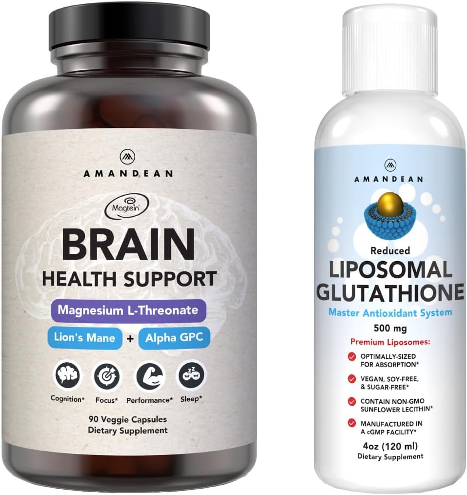 AMANDEAN Premium Brain Health Supplement & Liposomal Glutathione Bundle. Triple Formel med Magnesium L- Threonate, USA- Grown Organic Lions Mane 6: 1 Extract, og Alpha- GPC. Support Cognition, Focus &