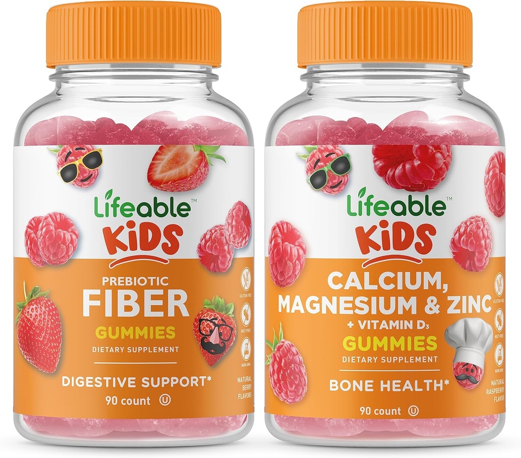 Lifeable Prebiotic Fiber Kids + Calcium Magnesium & Zink Kids, Gummies Bundle - Great Tasting, Vitamin Supplement, Gluten fri, GMO fri, Chewable Gummy