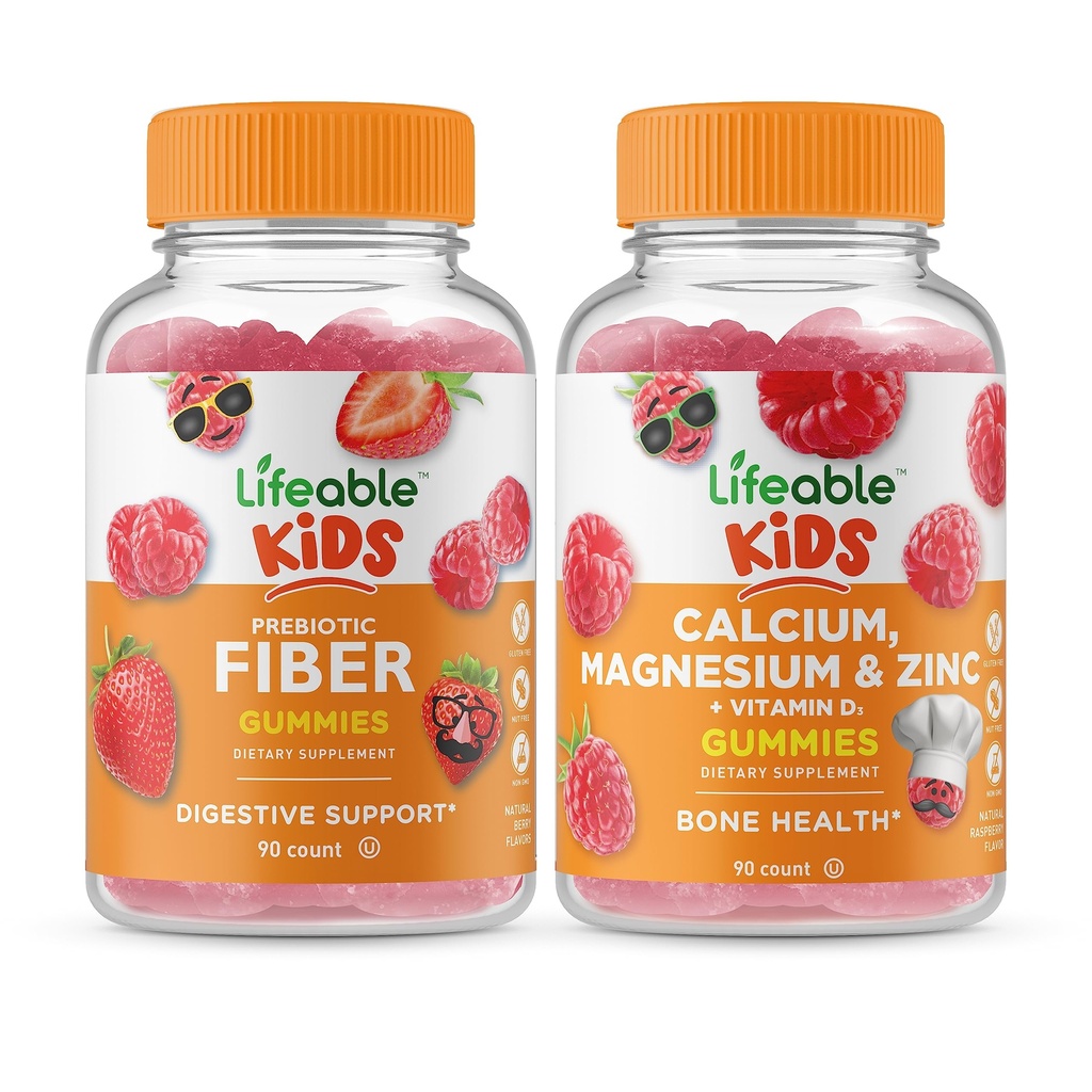 Lifeable Prebiotic Fiber Kids + Calcium Magnesium & Zink Kids, Gummies Bundle - Great Tasting, Vitamin Supplement, Gluten fri, GMO fri, Chewable Gummy