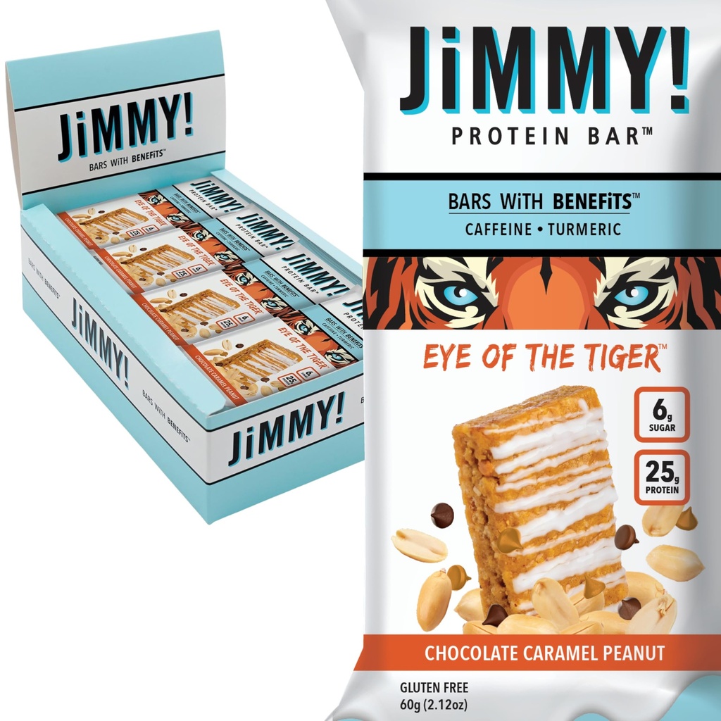 JiMMYBAR! - Eye Of The Tiger Caramel Chocolate Peanut Protein Bars - 25g Protein Bar - 6g Low Sugar - 12 Count - 60g Health Bars - Functional Snack with Real Peanuts & Hand-Drizzled Chocolate