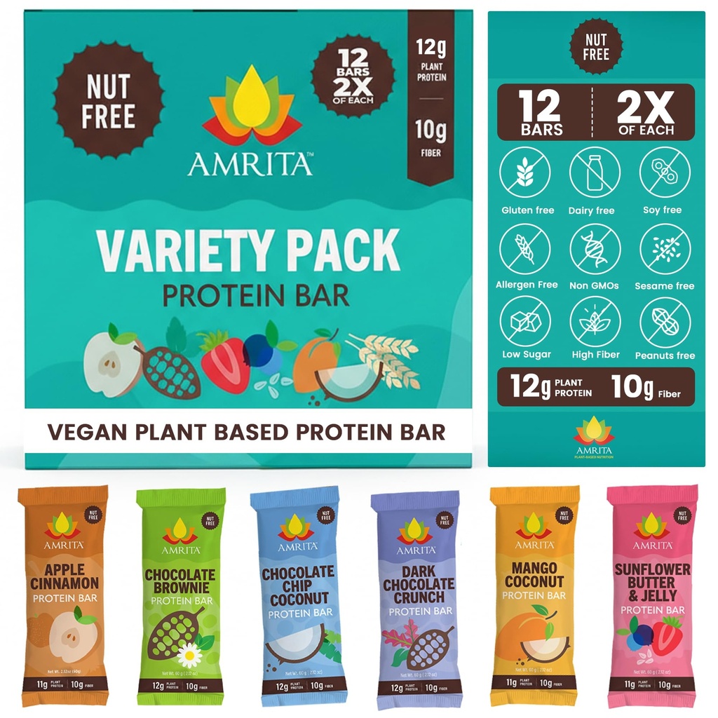 Amrita Nut Free Vegan Protein Bars Variety Pack (12 Bars, 6 Flavors) | 12g Plant Based Protein Bars | Peanut Free, Gluten Free, Dairy Free | Soy Free, Non-GMO | Low Sugar High Fiber