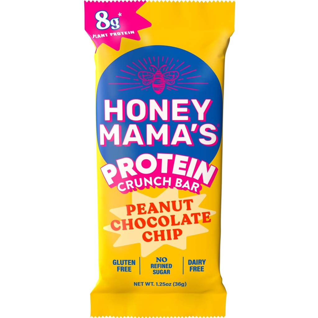 Honey Mama's, Peanut Chocolate Chip Protein Crunch Bar, 8g Protein, No Refined Sugar, No Preservatives, Gluten Free, Dairy Free, Soy Free, Fudgy & Crispy, 170 Calories, 1.25 Ounce Bar