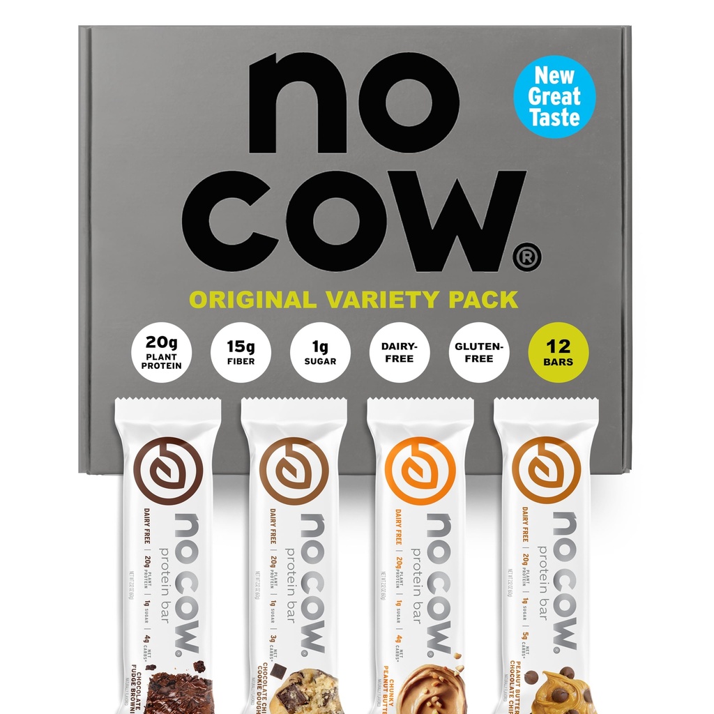 No Cow Vegan Protein Bars, Upgraded Original Variety Pack | 20g Plant Based Protein, Gluten Free, Dairy Free, Soy Free, Keto Friendly, Low Sugar, High Fiber Snack Bars | Pack of 12