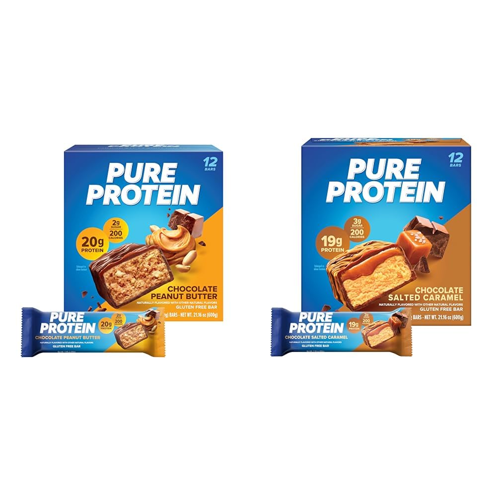 Pure Protein Chocolate Peanut Butter & Chocolate Salted Caramel Protein Bars, High Protein, Nutritious Snacks, Gluten Free, 1.76oz, 12 Count