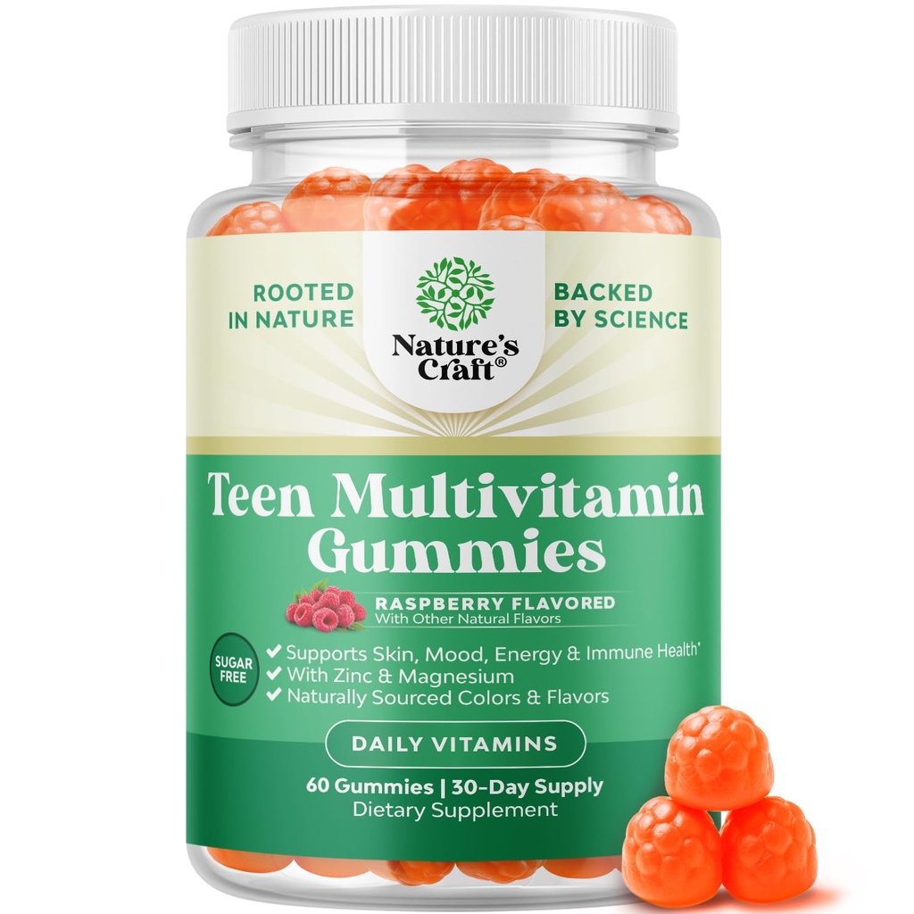 Teen Multivitamin Gummies 12-17 - Teen Boys & Girls Gummy Vitaminer for bedre hud, immunstyrke, Mood & Energy Support - Teenage Girl & Boy Kosttilskud med Zn, Mg, Vitamin A, C, D & E - 60 Ct